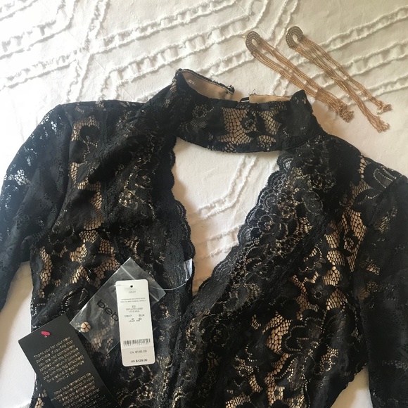 Bebe Dresses & Skirts - BEBE Black/Nude Lace Paneled Mock Neck Dress SMALL